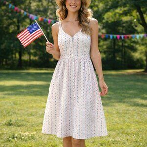 LOFT Cotton Tiered Sundress Button Front Red White Blue Size 12